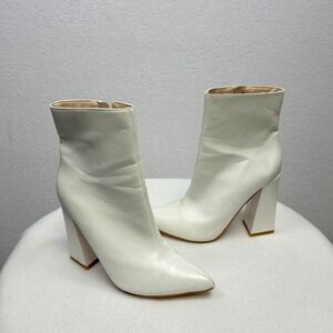 Women's White Pointed Toe Block‎ Heel Ankle Boots Side Zip Fashion Shoes